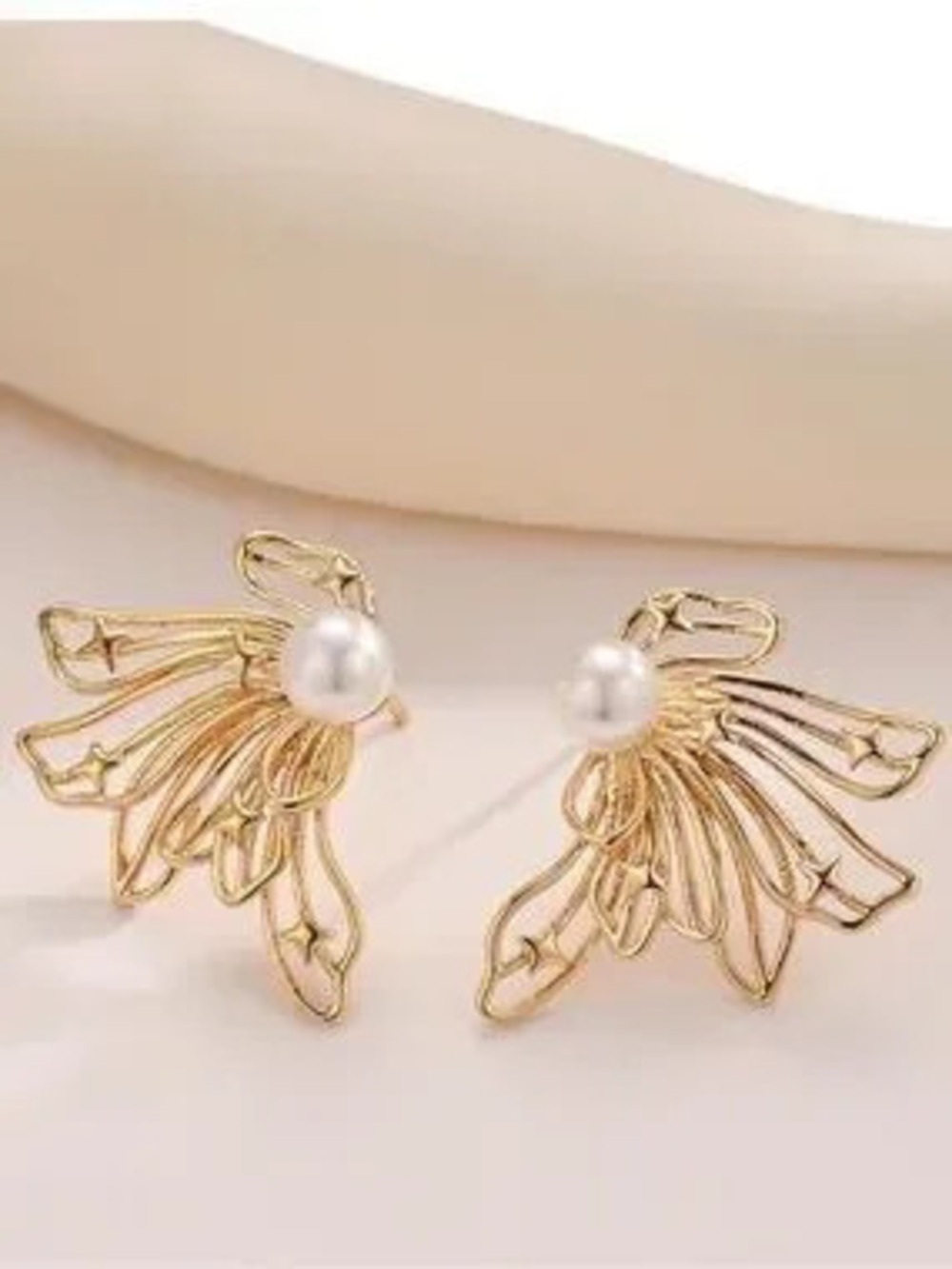 Anthropologie Gold Tone Floral Wing Earrings with White Pearl Centers